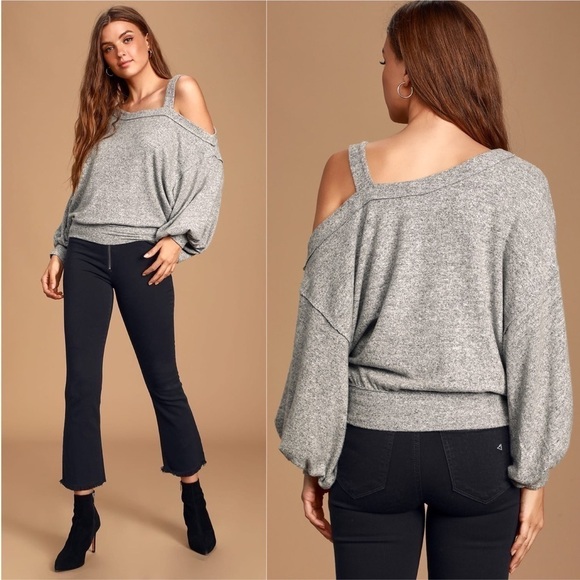 FREE PEOPLE Flaunt It Heather Grey One Shoulder Sweater Top - Picture 1 of 4